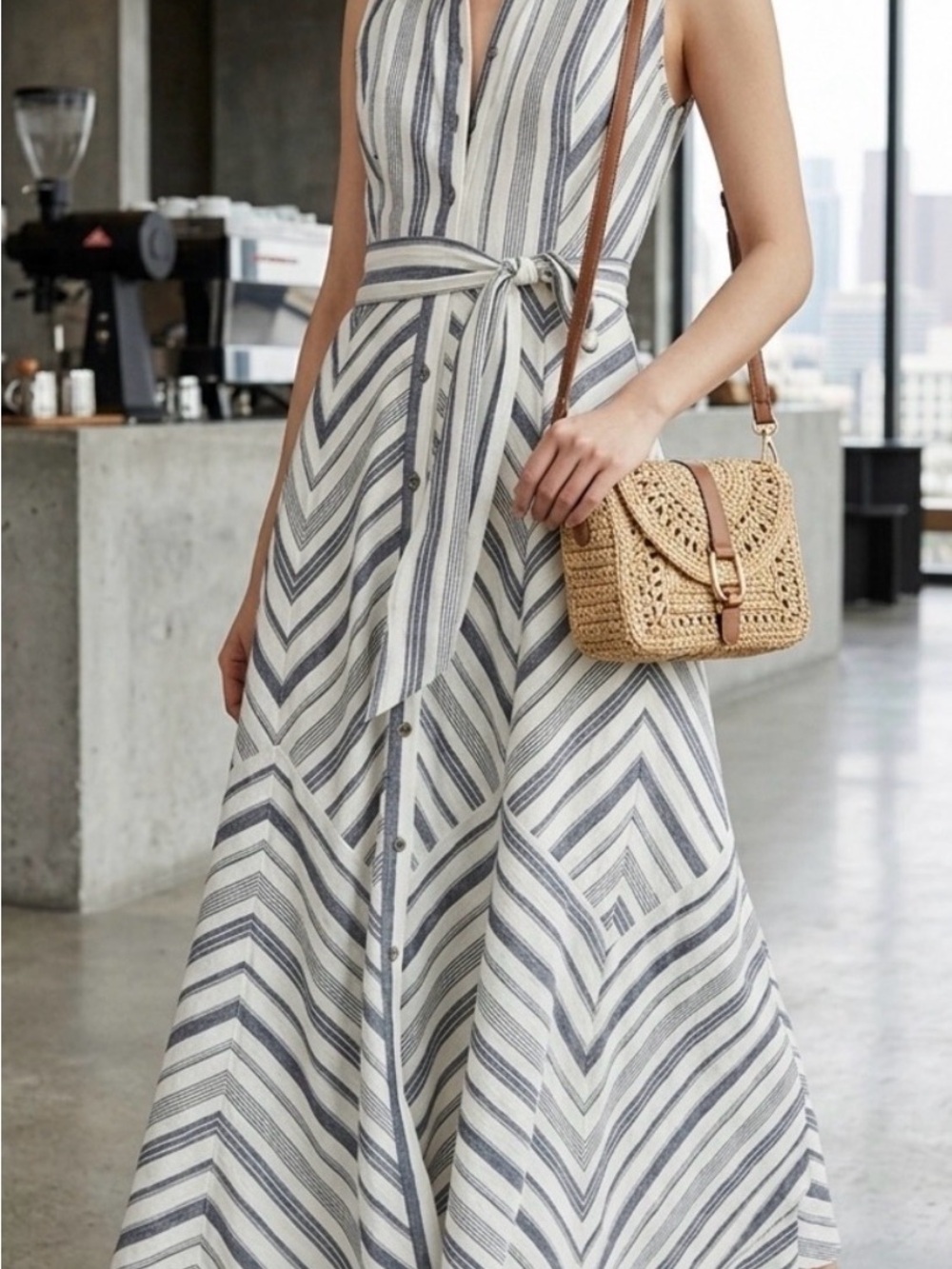 Anthropologie Striped V-Neck Maxi Dress in White & blue
